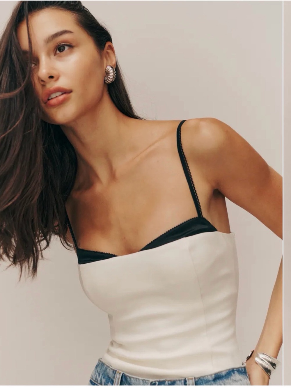 Reformation Cream Satin Cami with Black Contrast Trim